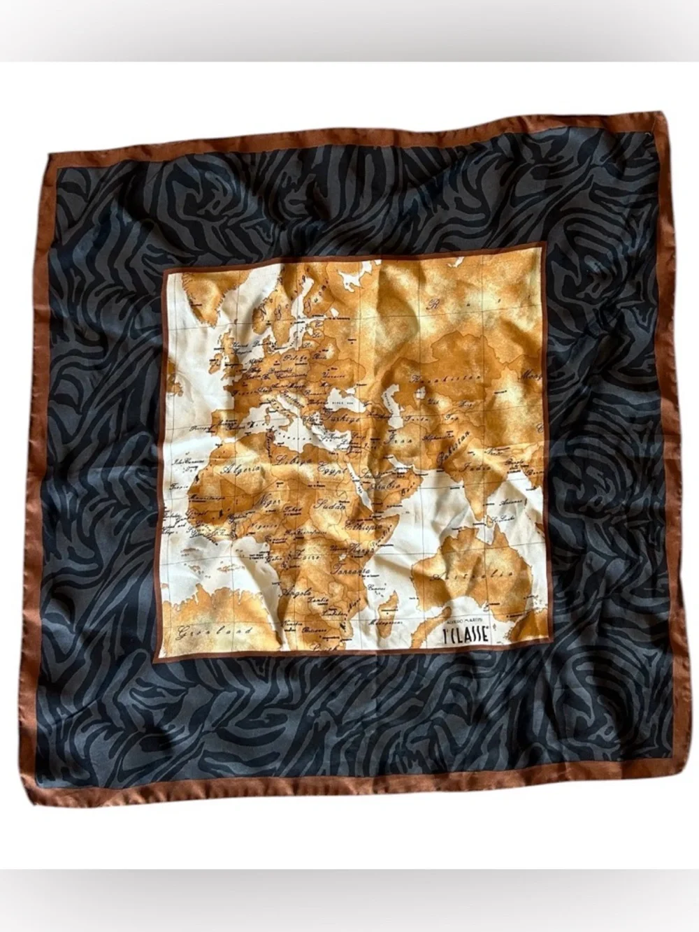 Alviero Martini La Classé Map Print Silk Scarf in Brown and Black - Picture 3 of 7